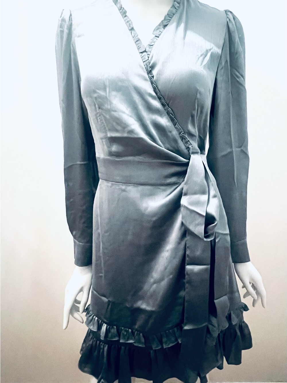 Satin-Effect Ruffle Wrap Mini Dress in Steel Gray